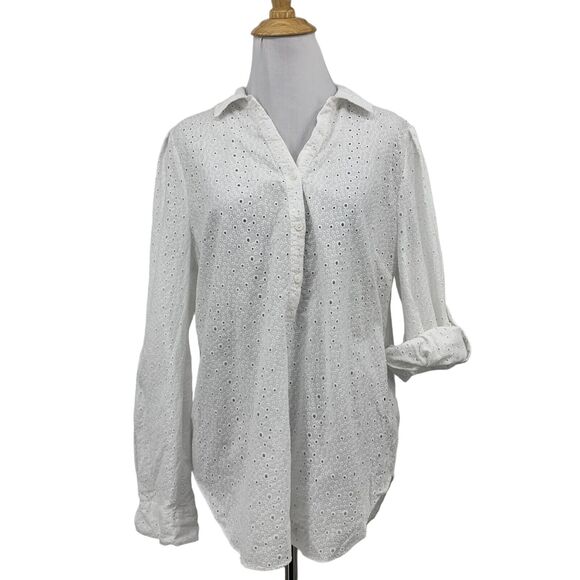 NYDJ Tops - NYDJ Blouse Womens S Small White Fit Is Everything Eyelet Tab Sleeve Shirttail